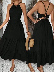 Women Texture Summer Dress With Solid Color, Back Strap, And Frill Hem, Perfect For Vacation Outfits Maxi Vacation Beach Outfit