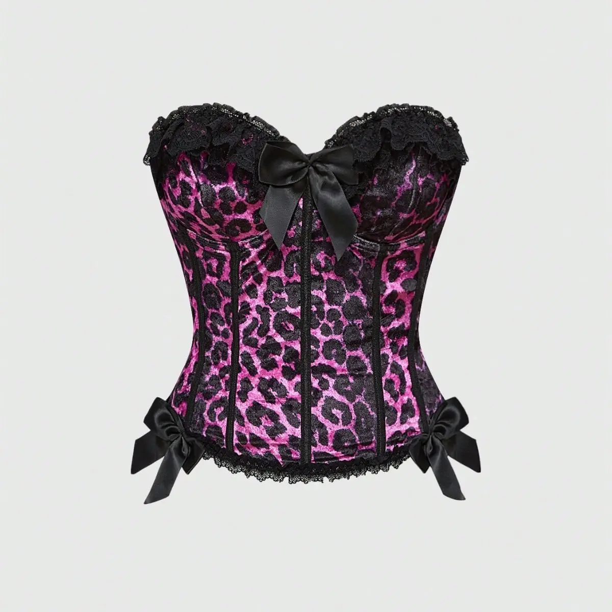 Y2K Leopard Velvet Corset | Strapless Lace Bow Waist Cincher Top