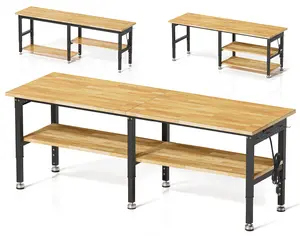 MUWOOD 96”84”72”Heavy Duty Work Bench, 2-Layer Adjustable Workbench, 5000 LBS Capacity Work Bench with Power Outlet & Pegboard, Rubber Wood Work Table for Garage, Workshop, Office, Home