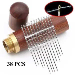38-Pcs Self-Threading Sewing Needles Kit – Large Gauge Hand Embroidery & Mending Needles Set with Wooden Storage Case, Perfect for DIY Crafts, Knitting, Sewing Art, and Handmade Gifts,Christmas Gifts