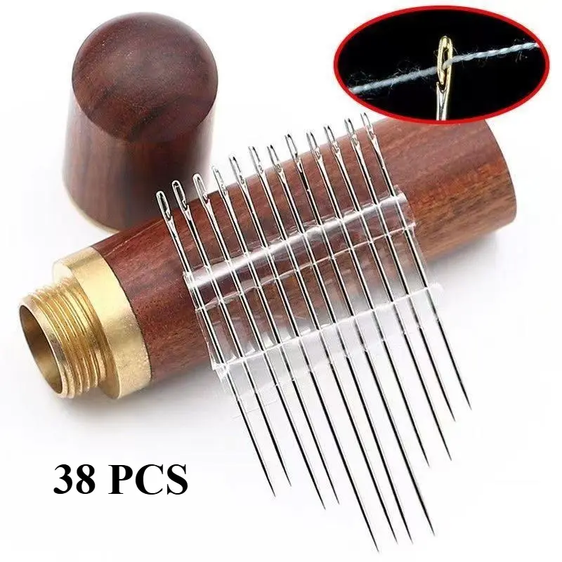 38-Pcs Effortless Threading Blunt-Tip Sewing Needles Kit - Extra-Long Eye Large Gauge Needles for Clothes Mending, Hand Embroidery, DIY Home Projects with Wooden Storage Box