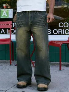 Men's retro blue straight-cut Denim jeans with distressed wash, loose wide-leg fit, three-dimensional stitching, mid-rise design, versatile for everyday wear without fail