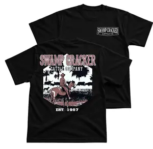 Swamp Cracker Western Cowboy Ranch T-Shirt, Cattle Company Graphic Tee With Horse Rider Back Print, Front Chest Swamp Cracker Logo Shirt, Southern Ranch Life Outfit, Country Farm Apparel Gift for Men and Women