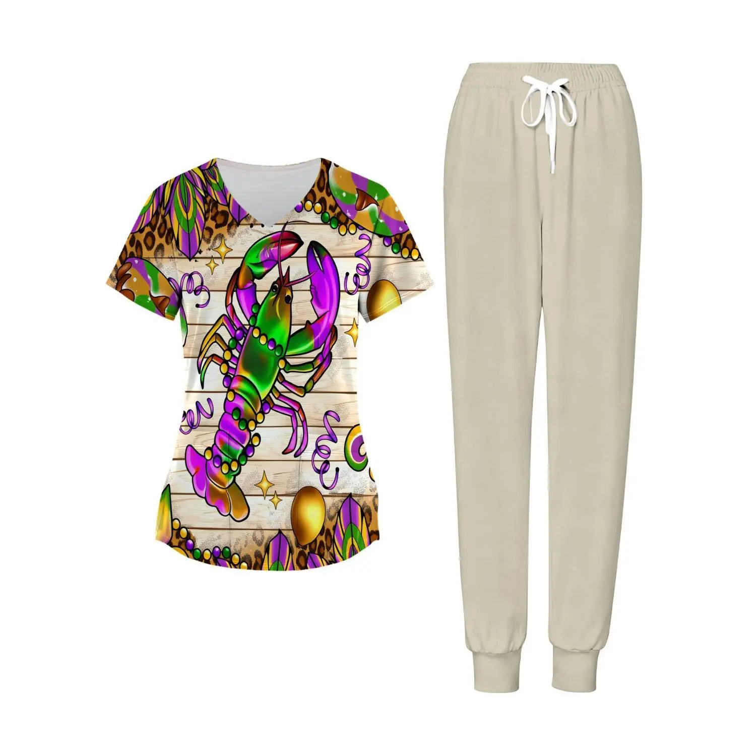 Plus Size Women's Beige Mardi Gras Lobster Print V-Neck Scrubs Set - 2-Piece Top and Pants