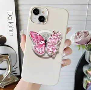 Pink Butterfly Floral Phone Grip Magsafe, Pretty Flower Phone Holder, Funny Phone Grip, Cartoon Kindle Grip, Gift for Girls Boys
