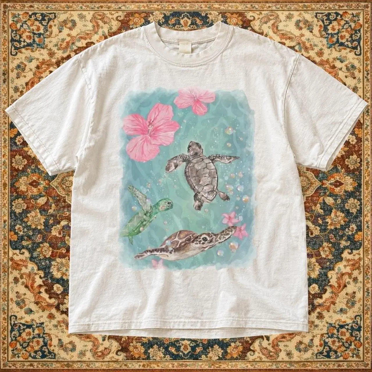 Gildan Men's and Women's T-shirt, Turtles With Flowers Graphic Tee, Animal Shirt, Heavy Cotton Unisex Shirt, Y2k Unisex Graphic Tees Gothic Grunge Emo Scene Amity Affliction Style Clothes Menswear Womenswear Streetwear