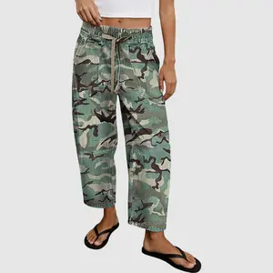 Flamingal Camo Drawstring High Waist Barrel Leg Pants