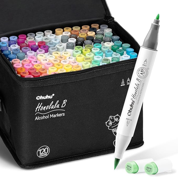 Ohuhu Alcohol Markers: Brush & Chisel / Fine - 120 Colors -Double Tipped Art Marker Set for Artist Adults Coloring Illustration - Refillable Alcohol-based Ink - Honolulu & B Series of Ohuhu - Women's Day Gift