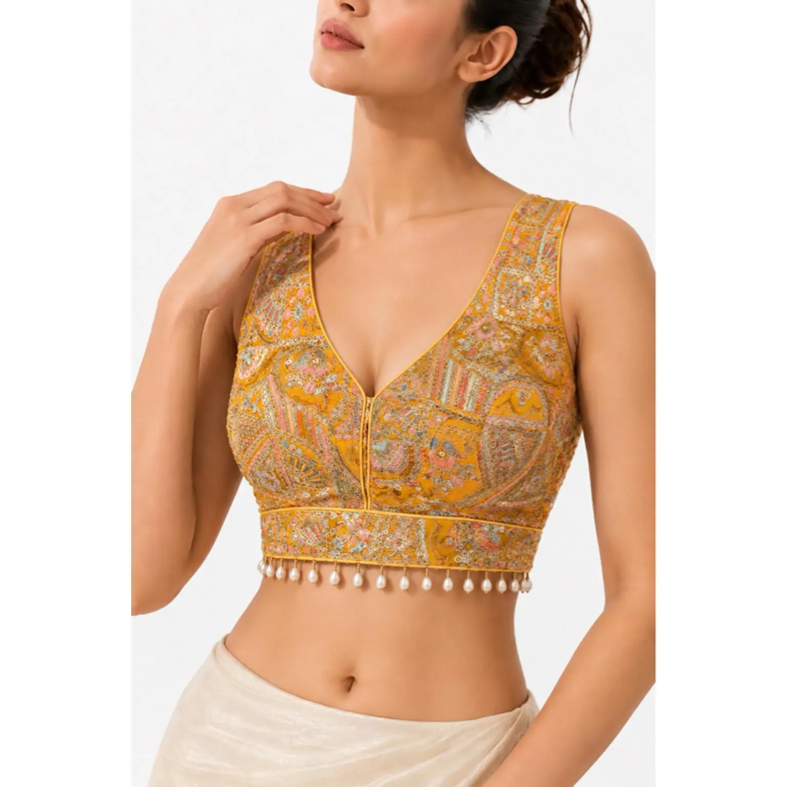 Sleeveless Pearls Blouse for Saree - V Neck Front and Back with Hook Ties - Pure Rajastani Material - Available in Yellow, Red, White - Sizes 32-44