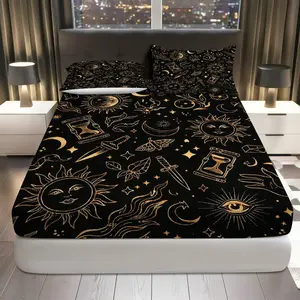 3Pcs Mystical Celestial Gothic Fitted sheet Three Piece Set (1*Fitted Sheet+2*Pillowcases, Coreless), Halloween theme, Stars Moon Sun Bedding Set, Mattress protector Soft, Breathable Sheets