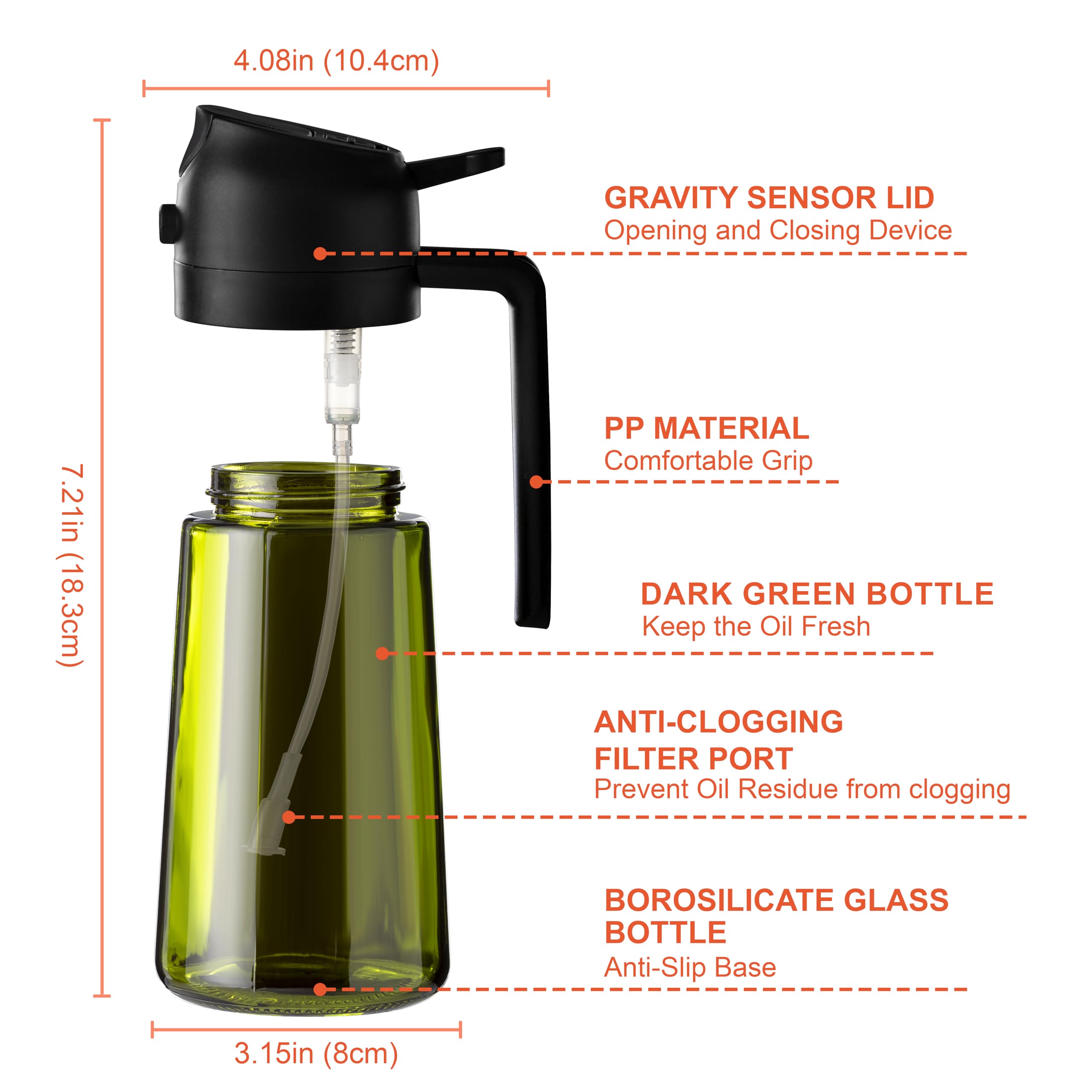 2-Pack 2-in-1 Glass Oil Bottle & Sprayer Flask Set, 16OZ 470ml Leak-Proof Auto Nozzle Utensils with 50-400ml Scale, Precise Measurement, Spray Type for Camping, Kitchen Cooking