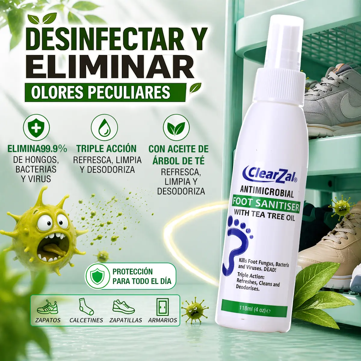 ClearZal Foot Sanitizer Spray with Tea Tree Oil, 4-Ounce Bottle ,Contains natural tea tree oil and aloe vera [combination]