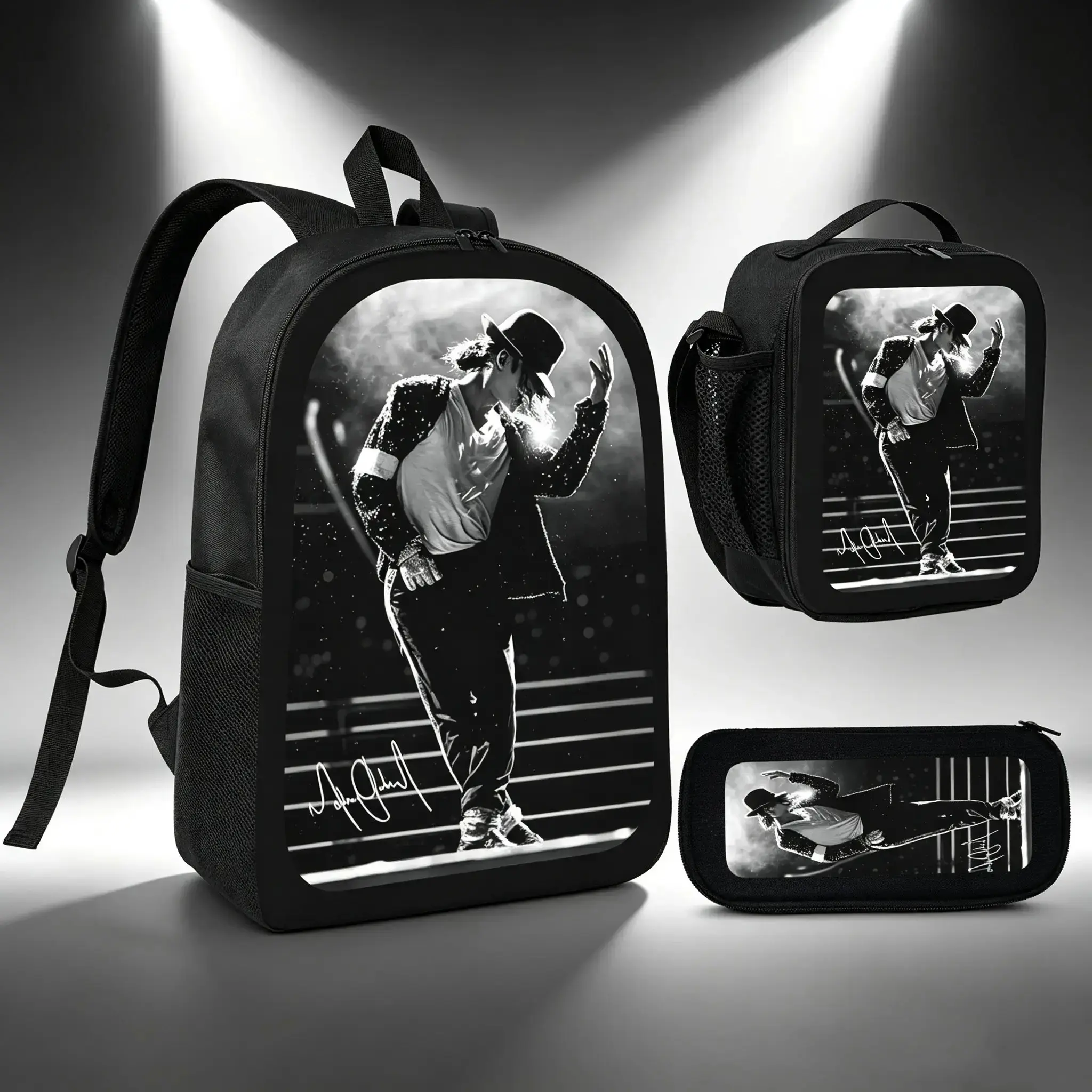 Michael Jackson Backpack Set 3Pcs Lunch Bag Pencil Case Pop Music Theme Lightweight Travel Backpack TikTok Viral MJ Dance Style Fan Gift