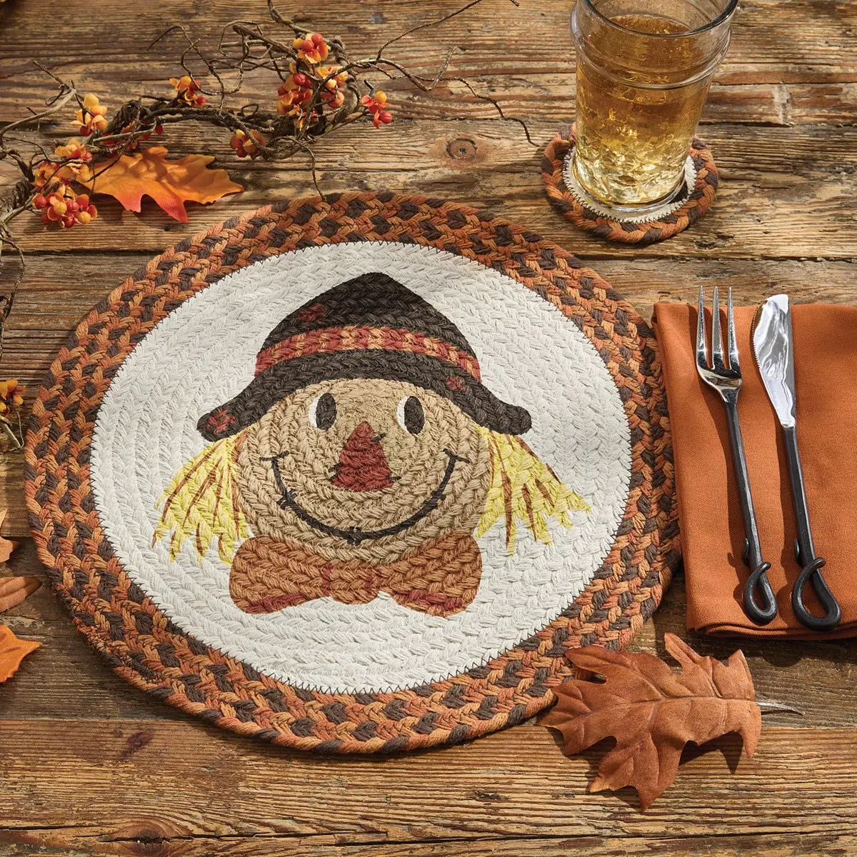 Scarecrow Braided Cotton Placemats, Round Stenciled Indoor Table Mats with 15" Diameter