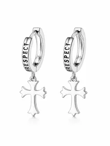 Unisex 925 Silver Plated Respect Cross Earrings, Streetwear Punk Huggie Hoops, Alloy Chain, All Seasons, Figure Pattern