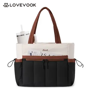 LOVEVOOK Puffer Tote Bag for Women with Stanley Cup Holder, Lightweight Work Tote, Teacher Nurse Bag for Office, Daily, Gift