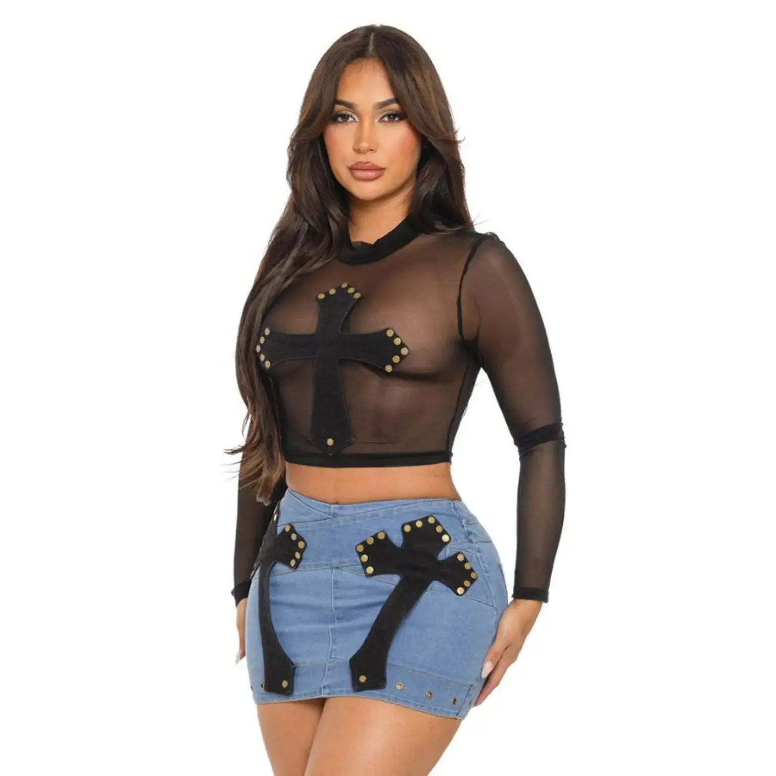Women's Melody Blue Denim Matching Set - Cropped Top, Buckle-Accented Short Mini Skirt, Statement Womenswear Outfit