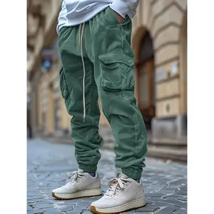Men'S Corduroy 3D Pocket Woven Overalls Drawstring Waistband Tied Feet Casual Pants Solid Color Men'S Pants Men'S Pants Casual Zipper Comfortable Breathable Casual Daily Holiday Fashion Khaki