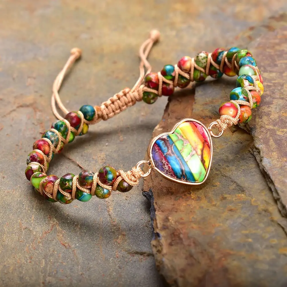 Natural Boho Chakra Gemstone Bracelet Heart Charm Stone Crystal Bracelet Bohemia Style for Daily Use Christmas Gift for Mother