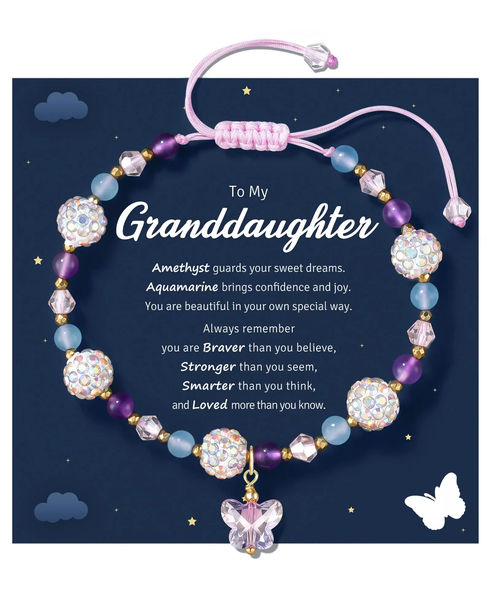 To My Daughter Granddaughter Niece Adjustable Crystal Butterfly Bracelet, Birthday Christmas Graduation Back to School Gifts for Girls Exquisite Jewelry
