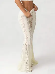 Women's Y2K Lace Flare Pants, High Waist Floral Lace Bell Bottoms, Stretchy Slim Fit, Boho Retro Style, Perfect for Summer Beach Outings