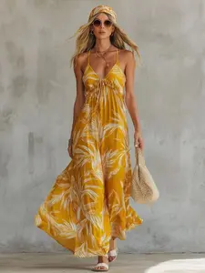 Yellow Leaf Print Maxi Dress with V-Neck and Ruffle Detail, Casual Summer Style, Perfect for Beach and Pool