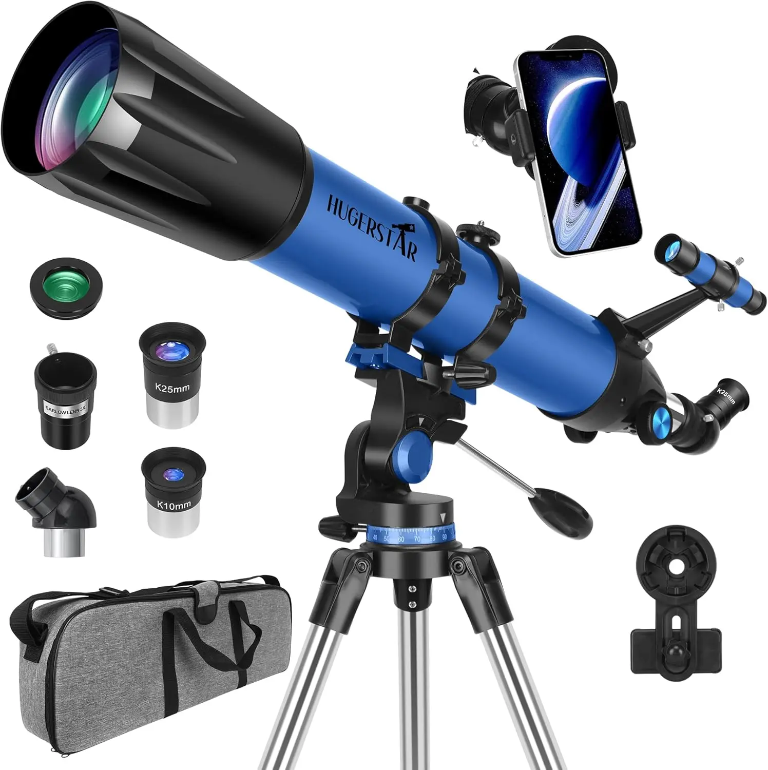 Telescope, Telescope for Adults High Powered, 90Mm Aperture 800Mm Professional Refractor Telescopes for Adults Astronomy Beginners with AZ Mount Stainless Tripod, Carry Bag and Moon Filter HUGERSTAR