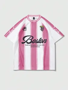 Trendy Men's Pink & White "Boston" Soccer Jersey, Soccer Shirt, Oversized Short Sleeve V-Neck Striped Tee, Retro Sporty Streetwear Top for Street Style & All-Day Daily Wear #MensStreetwearJersey #RetroSoccerFashion #VersatileSummerTee