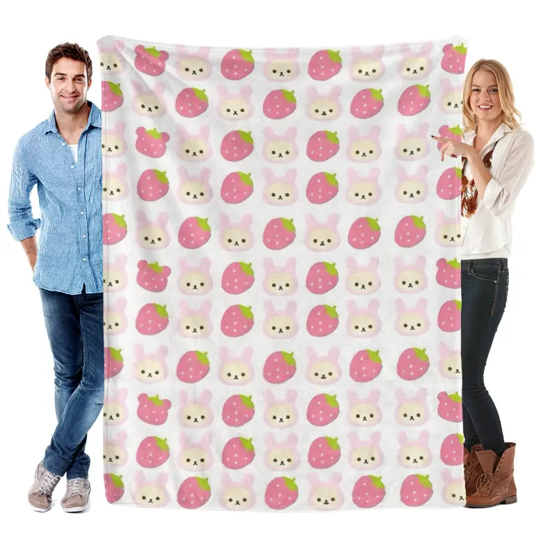 Ultra-Soft Flannel Kawaii Strawberry Rabbit Blanket - Cozy Bedding Throw, Aesthetic Room Decor, Teen Girl Gift, Cute Dorm Accessory
