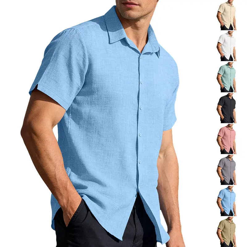 Solid color linen men’s short-sleeve shirt with turn-down collar; lightweight, breathable, drapey fabric; wrinkle-free; casual open-front design; suitable for beach, commuting, and camping; available in multiple colors; versatile mid-length top.