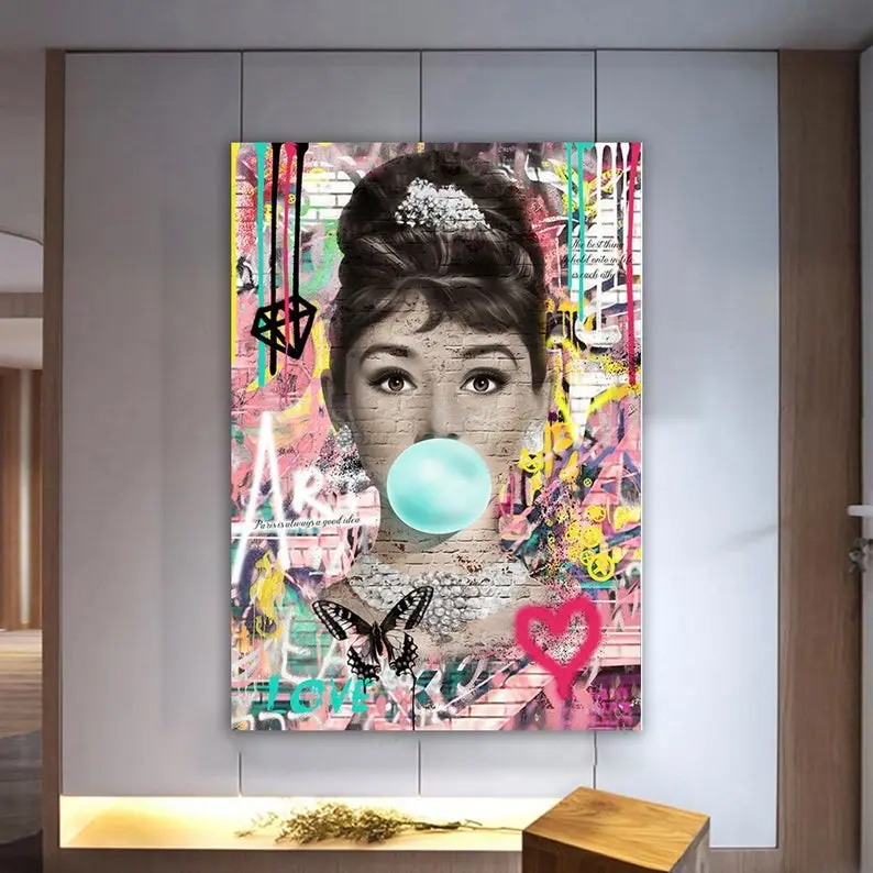 Audrey Hepburn, Bubble Gum Print, Wall Art, Hepburn Pink Lips, Modern Poster, Audrey Artwork, Movie Actress
