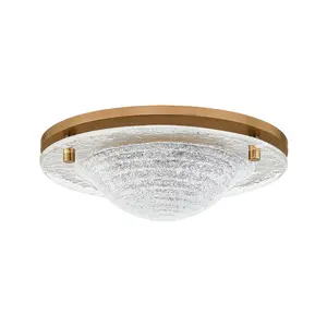 Halston LED Flush Mount Ceiling Light with Patina Brass Frame and Cast Piastre Glass Design