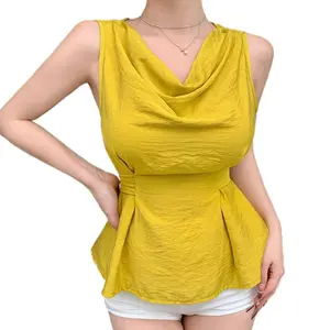 Draped Bust Sleeveless Top - Waist-Defining Fabric Womenswear Satin Basic Cowl Fitted Minimalist Mustard Yellow