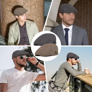 2 Pack Newsboy Hats for Men Classic Herringbone Tweed Wool Blend Flat Cap Ivy Cabbie Driving Hat
