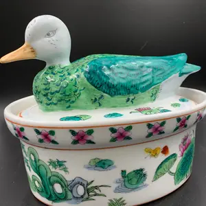 Duck on a Nest Porcelain Casserole with Lid Asian Chinese Handpainted Swans Lotus