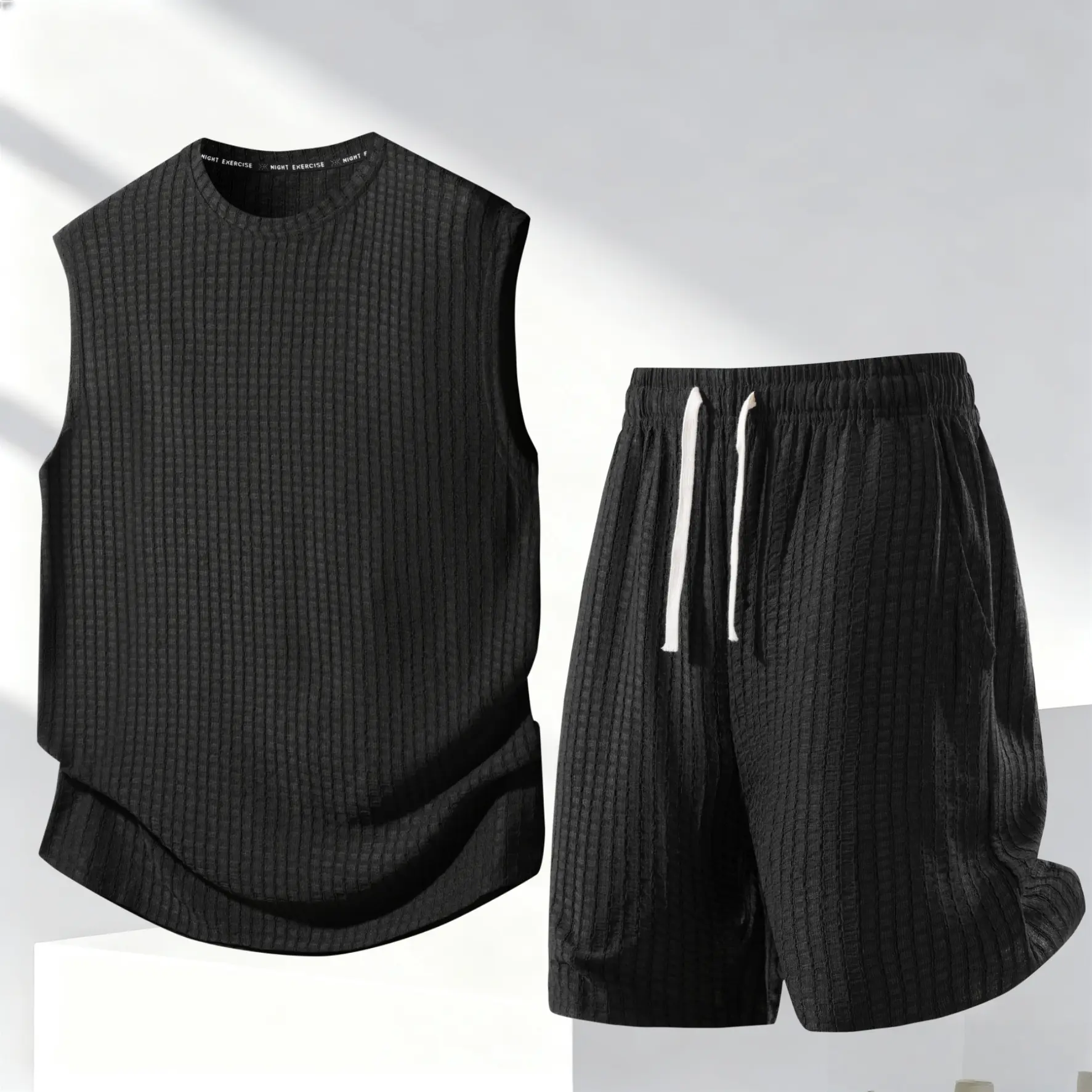 Men's 2-Piece Casual Athletic Set, Textured Plain Loose Fit Tank Top and Fitted Drawstring Shorts, Breathable Elastane, Crew Neck, Polyester Blend, Above The Knee, Machine Washable, Normal Type, Snug-Fitting, Overall