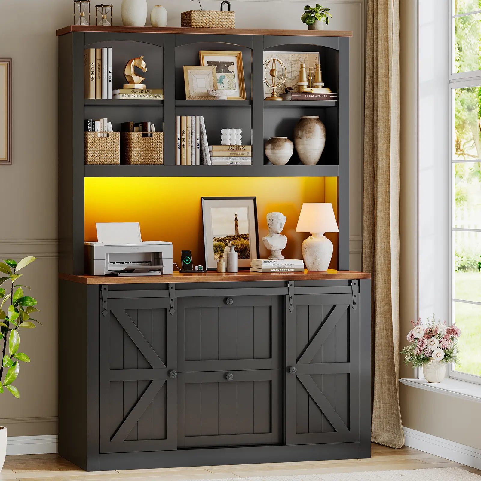 Sedeta 41-in Wood Farmhouse Filing Cabinet with Drawers - 2 Drawers, Assembly Guide, Clearly-Labeled Parts, Power Strip (1 Type C, 1 USB Port), Storage Shelf, Bar Door, LED Lights, Legal/Letter/A4 Compatible Home Office Printer Stand, Drawer Filing Cabine