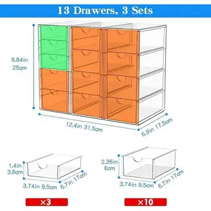 13 Drawers Clear Stackable Acrylic Storage Drawers, Versatile Organizer for Bathroom, Vanity, Kitchen Cabinets, Pantry & Home Organization Boxes Laundry