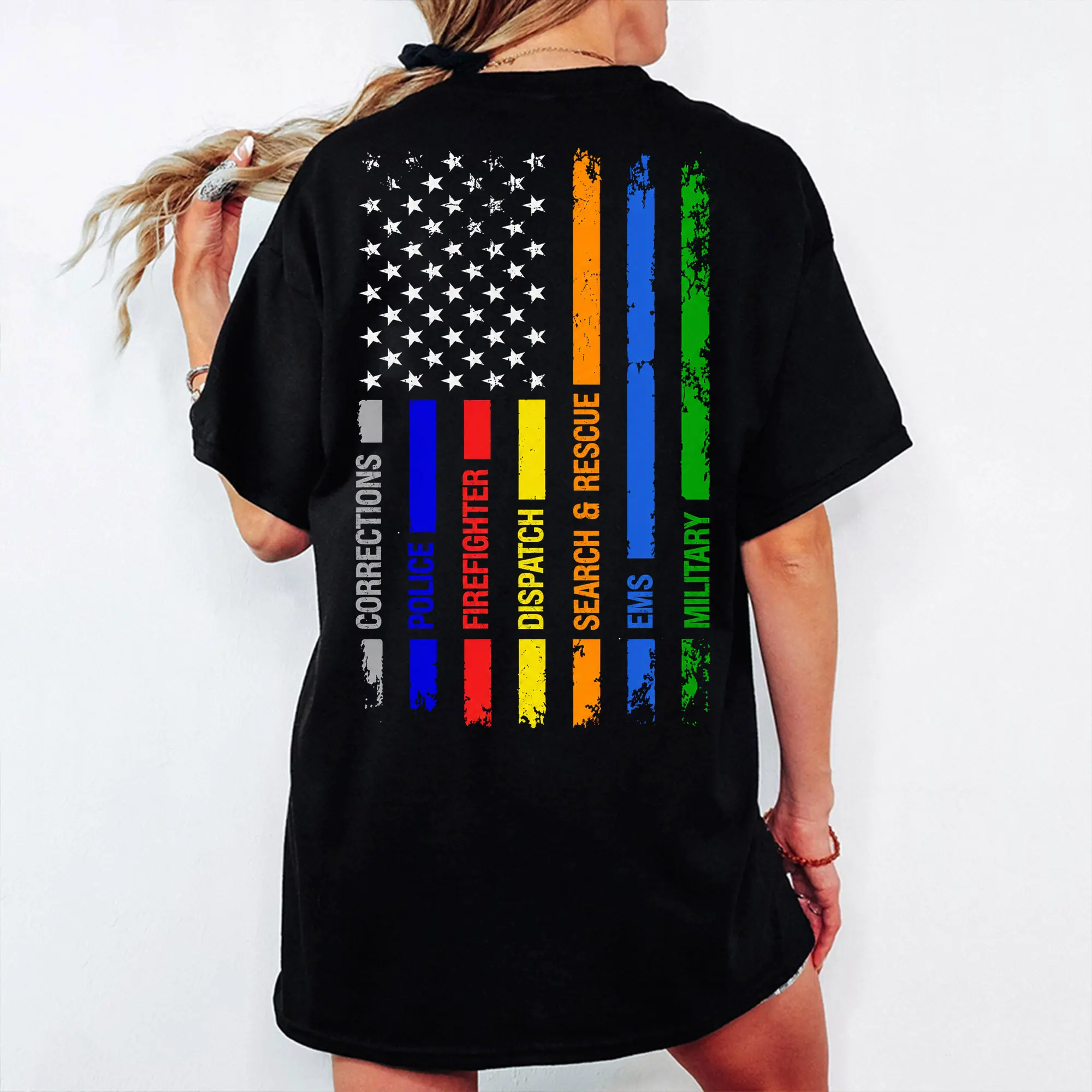 [100% Cotton] First Responder T-Shirt, Patriotic First Responder Graphic Tee, Thin Line American Flag Shirt, EMS Police Firefighter Dispatch Search Rescue Military Back Print Tee, Gift For First Responder Family