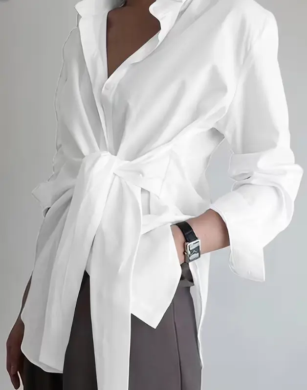 Women Tie‑Waist Shirt Collar V Neck Long Sleeve Knotted Wrap Blouse With Side Pockets Loose Asymmetric Hem Minimalist Elegant Style Office Business Casual Daily Dating Streetwear Top