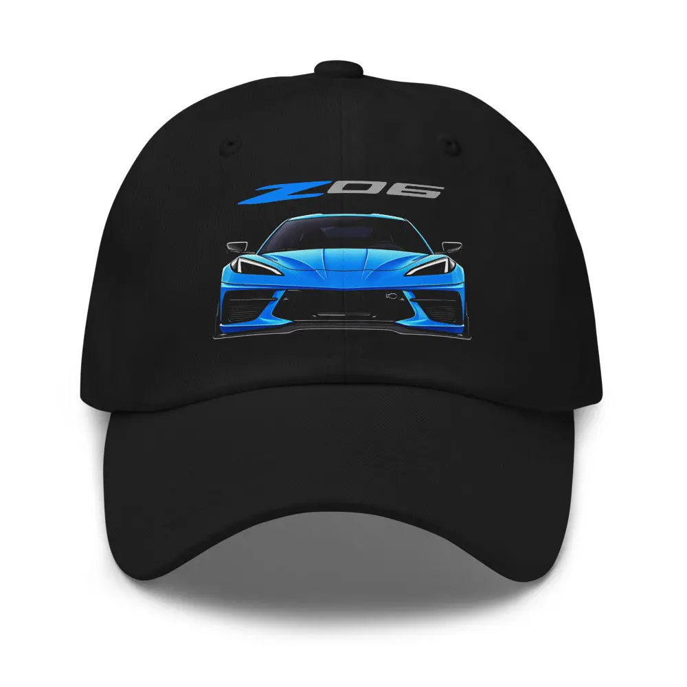 C8 Corvette Z06 Dad Hat Black Adjustable Baseball Cap with Blue Front Graphic Car Enthusiast Gift