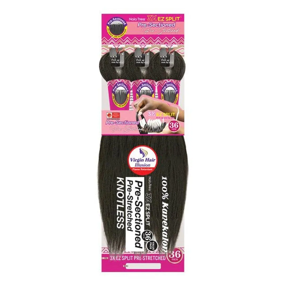 Nala Tress 3X EZ SPLIT Pre-Sectioned Pre-Stretched Braid Knotless Extremely light weight 36” Inch value pack (36”, COLOR #1B)