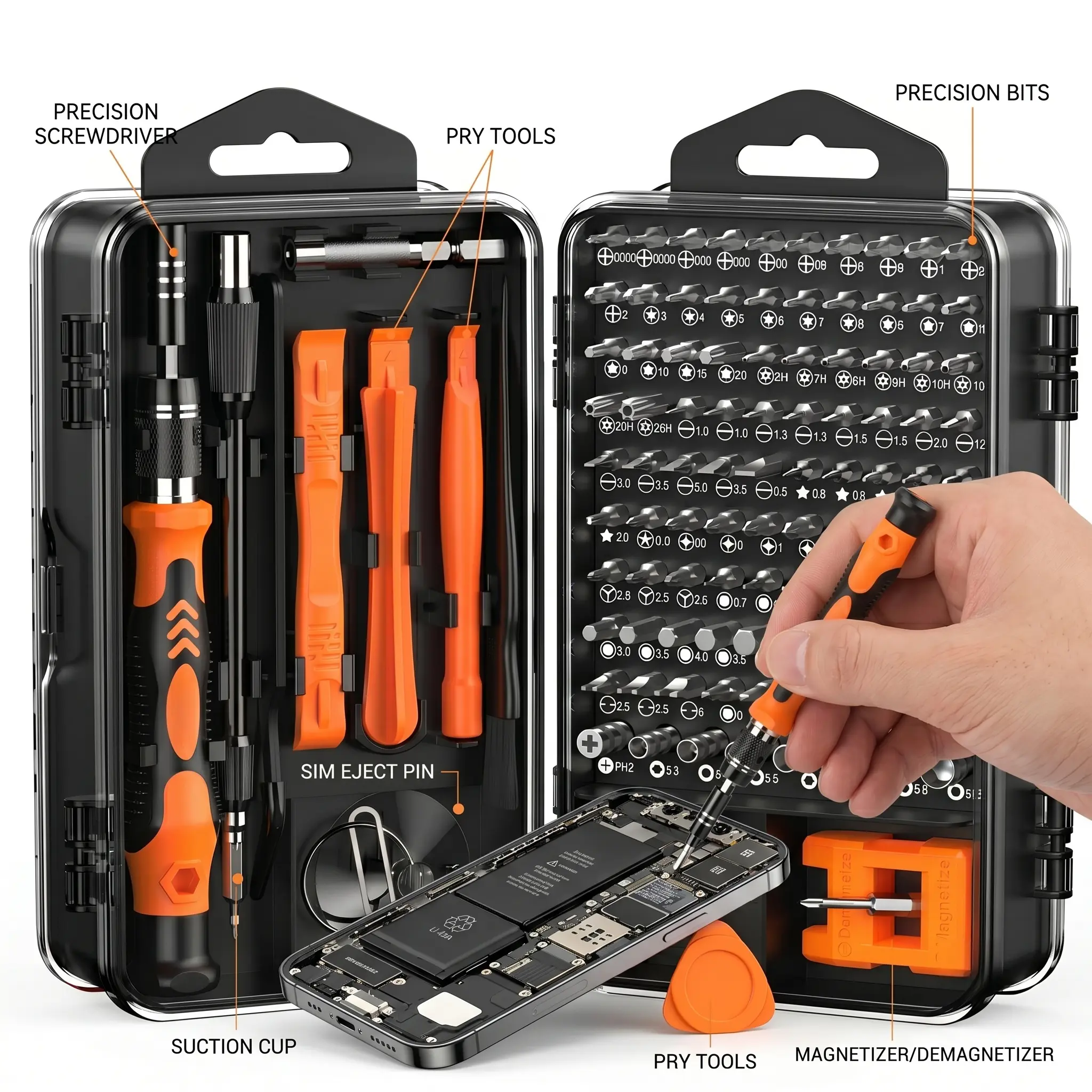 115-Piece Magnetic Multipurpose Screwdriver Hand Tool Kit, Orange Handle, Precise Bits, Compact and Organized Professional Set for iPhone, Laptop Hardware Tasks (All Seasons Use), Multifunctional Screwdriver