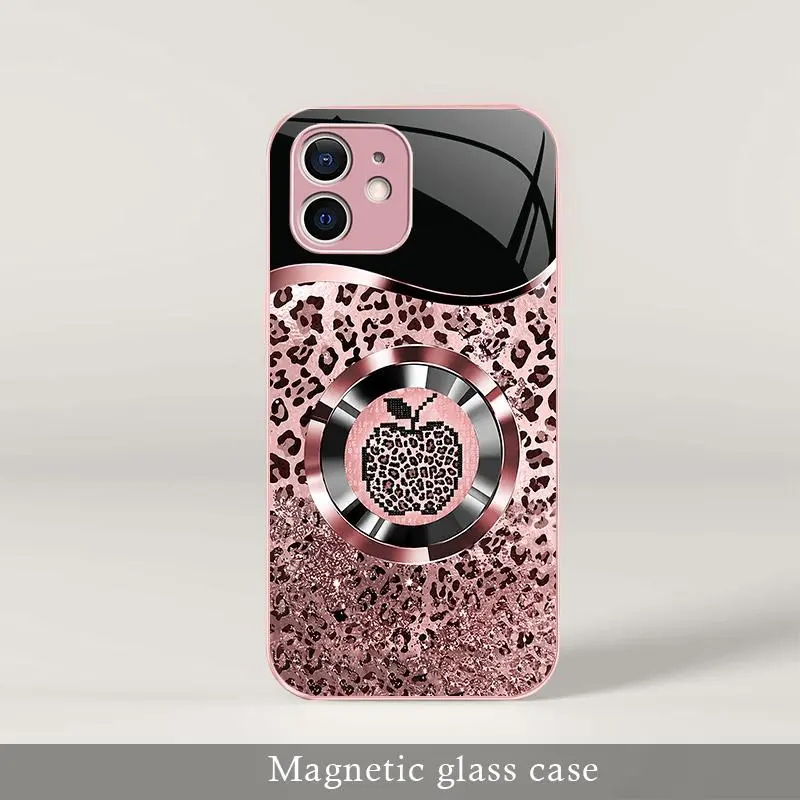 Trending “Affordable Luxury” Pink Glitter Mermaid Scale & Leopard Print MagSafe Glass Case for iPhone 12 — 9435
