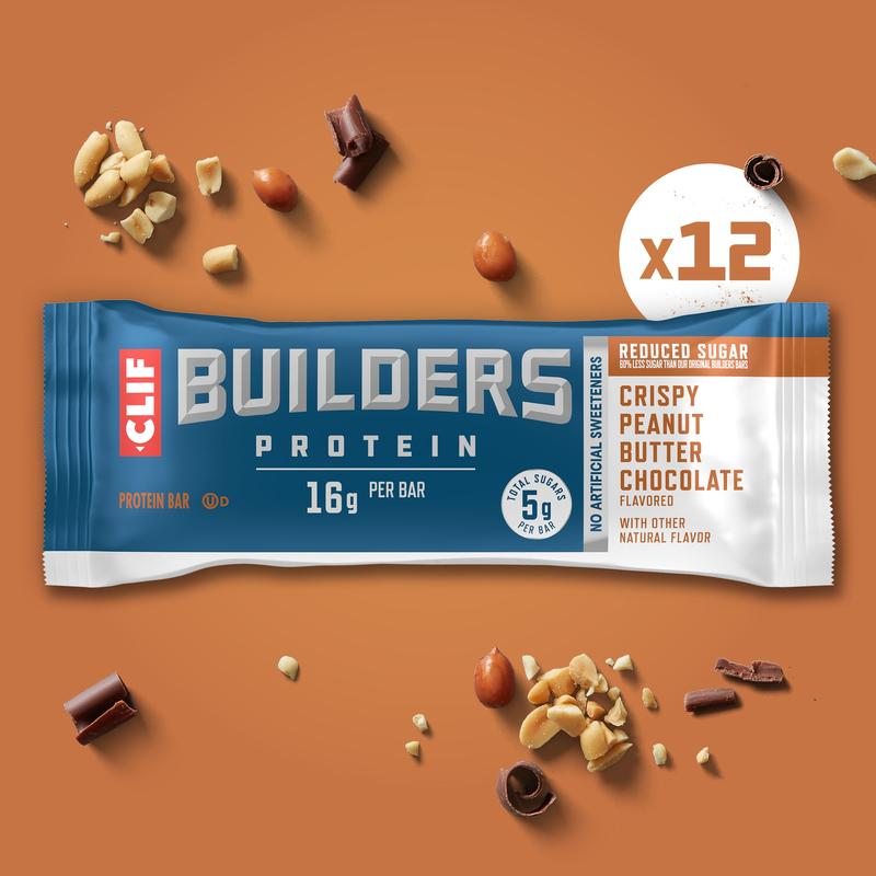 CLIF BUILDERS Protein Bars - Crispy Peanut Butter Chocolate Flavored - Reduced Sugar - Gluten Free (12 Pack)