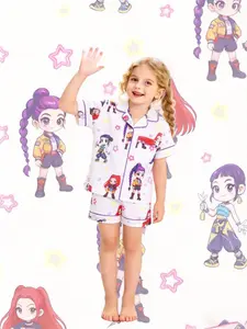 2-piece children's full body kpop cartoon character colorful star pattern printed short sleeved shorts with soft and comfortable collar design, small pocket elastic waistband, home daily casual children's clothing Sleepwear Pajamas set