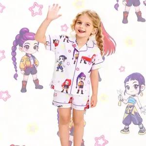 2-piece children's full body kpop cartoon character colorful star pattern printed short sleeved shorts with soft and comfortable collar design, small pocket elastic waistband, home daily casual children's clothing Sleepwear Pajamas set