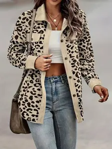 Women's All Over Leopard Print Button Front Corduroy Jacket, Casual Long Sleeve Outerwear for Fall & Winter, Ladies Clothes for Daily Wear