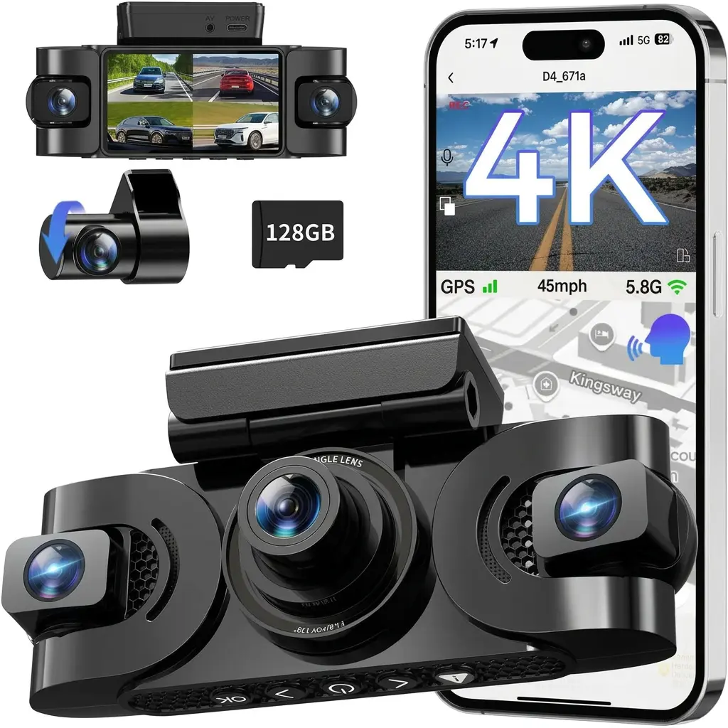 4K 360° Dash Cam, 4-Channel Dash Camera for Cars, Full Coverage Front Rear Left Right Inside with GPS, 5.8GHz Wi-Fi & App, Night Vision, Voice Control, 24H Parking Mode, 128GB Card Included Lens Recording Memory Lock Lock Adjustable Clip Installation outd