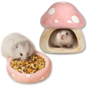 Ceramic Mushroom Guinea Pig House Hamster Hide Bed Includes Hamsters Food Bowl Guinea Pig Hideout for Hamster Chinchilla Hedgehog Rat Small Animals(Pink Mushroom Set) Ceramic Hamster Hideout and Water Bottle